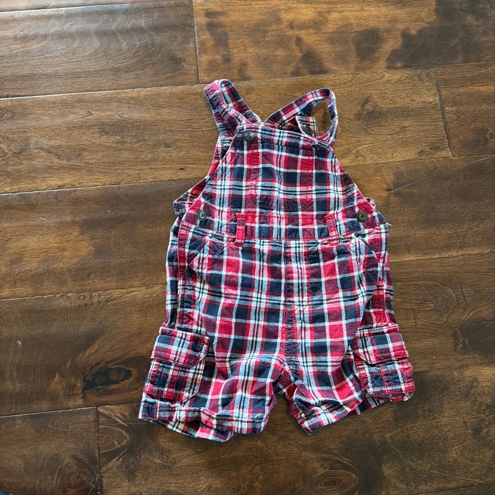 Gymboree Boys Red Navy Blue Plaid Cotton Shortalls Overalls 6-12 Months